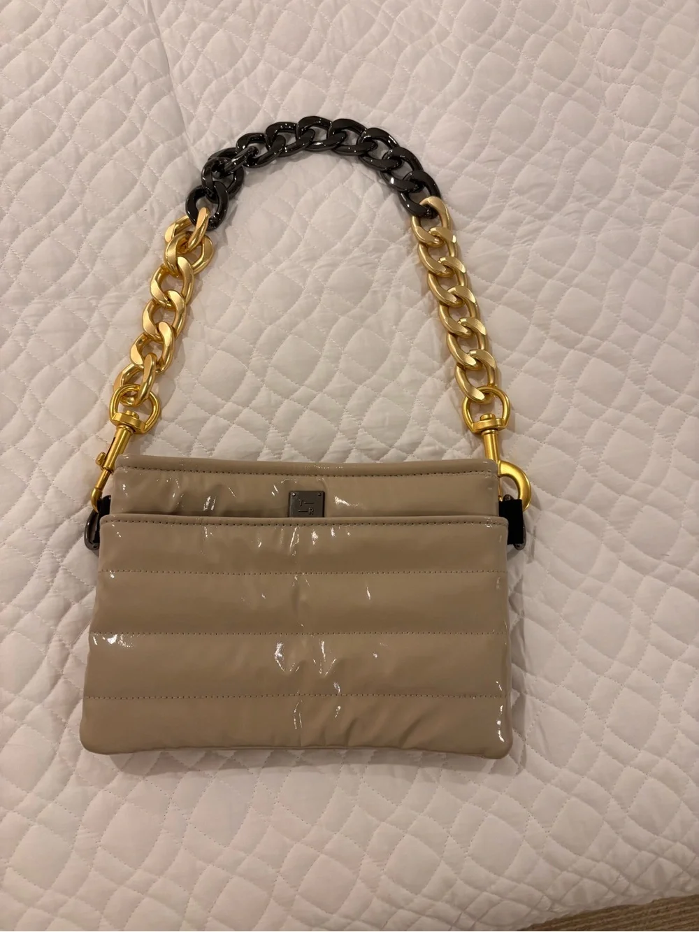 THINK ROYLN Beige Patent Quilted Crossbody with Gold & Black Chain